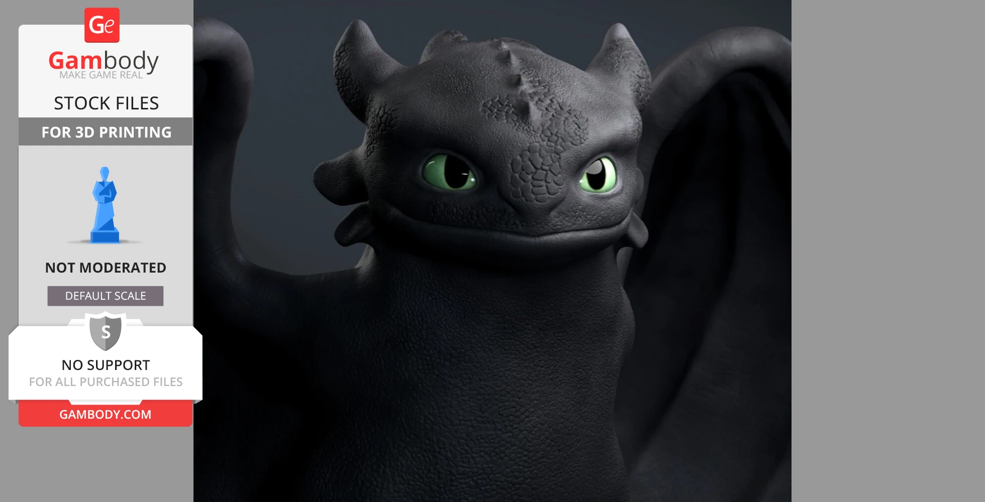 A 3D model of a black dragon with green eyes, suitable for 3D printing, from Gambody Stock.