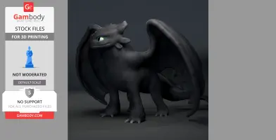 A detailed 3D model of a dragon with green eyes, large wings, and textured skin, ready for 3D printing.