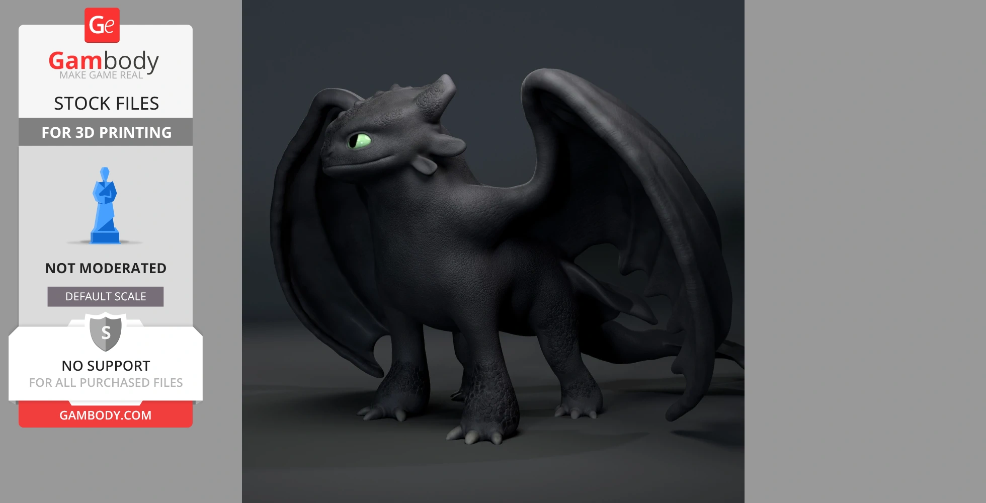 A detailed 3D model of a dragon with green eyes, large wings, and textured skin, ready for 3D printing.