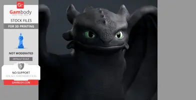 A 3D model of a black dragon with green eyes, suitable for 3D printing, from Gambody Stock.