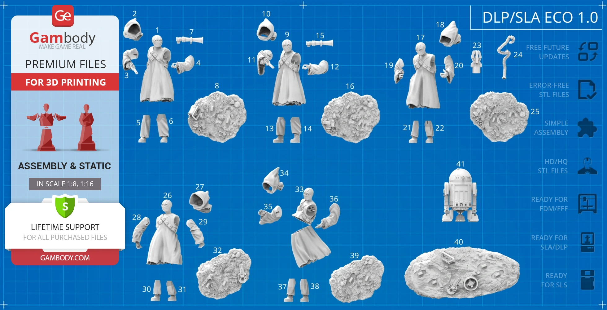 Pieces of Jawa figures and accessories for 3D printing assembly on a blueprint background.