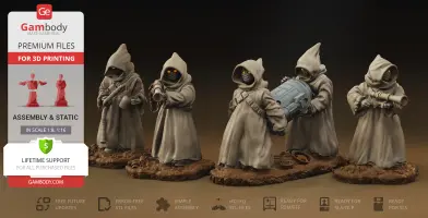 Hooded figures holding various sci-fi tools and weapons, ready for 3D printing.