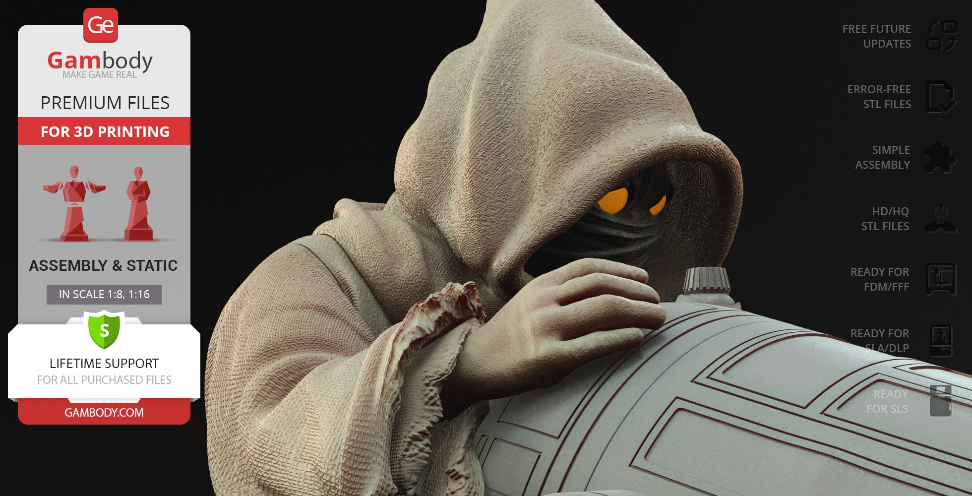 A hooded figure with glowing eyes and textured robes, part of 3D printing files by Gambody.