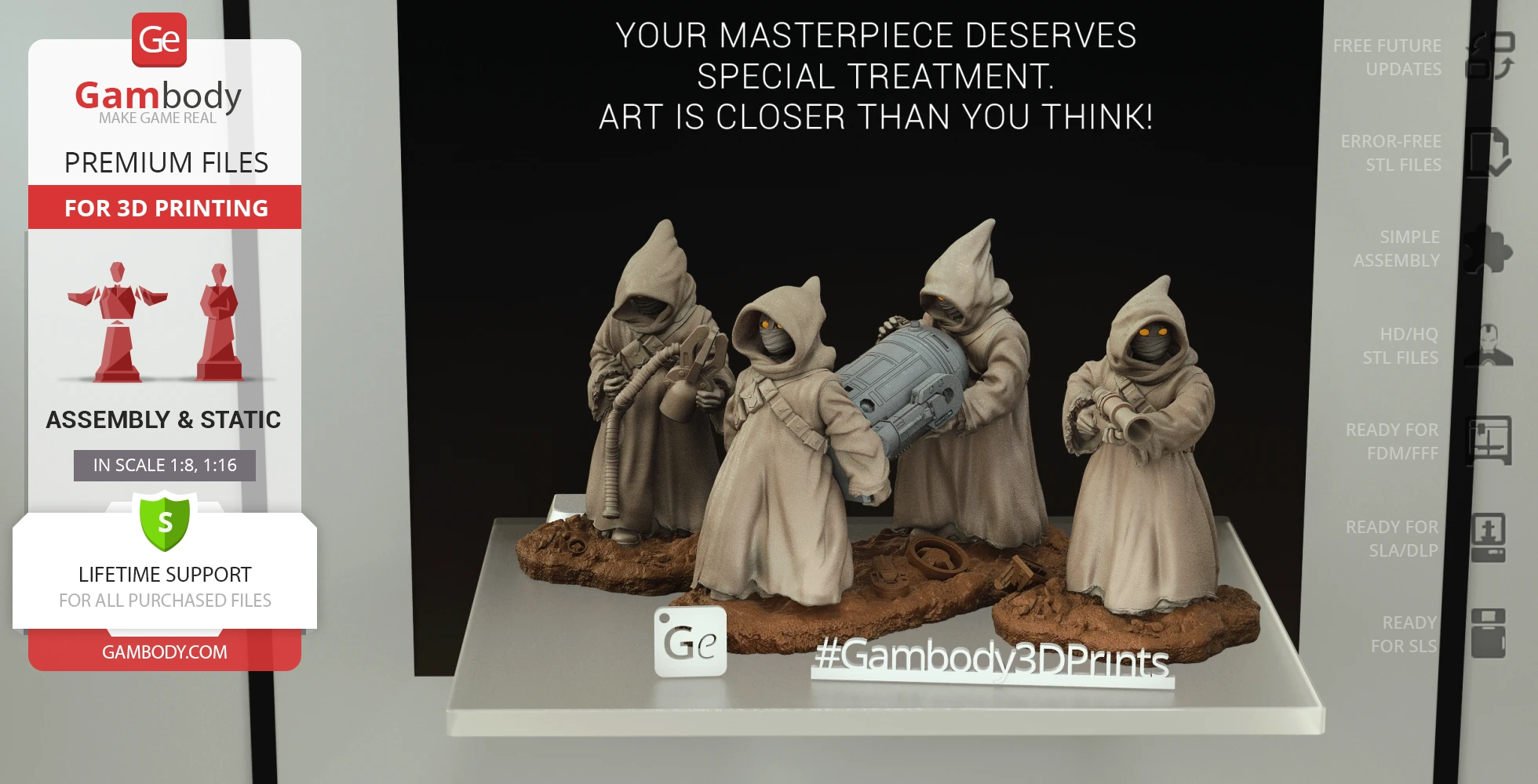 Five cloaked figures with glowing eyes, holding gadgets on a desert-themed base.