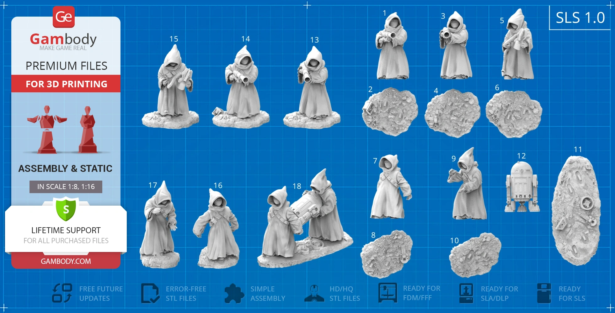 3D printable models of robed figures and droids on textured bases, ready for assembly and static display.