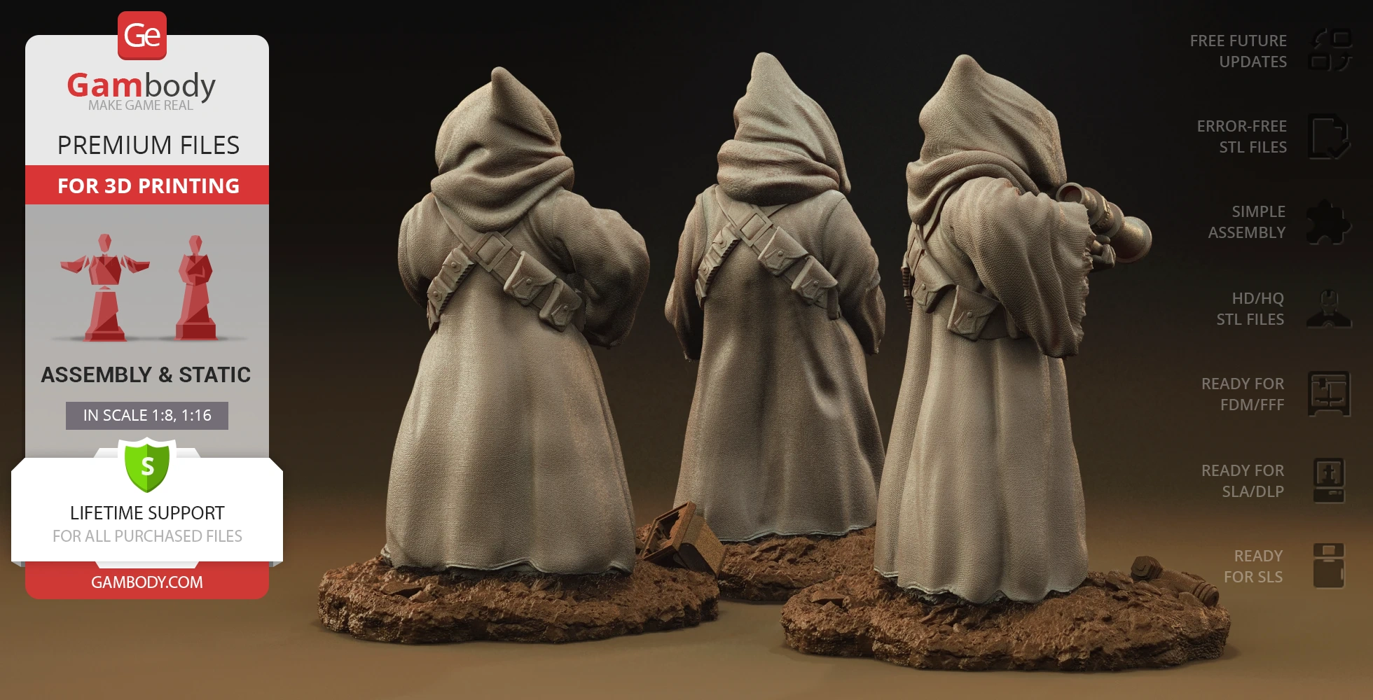 Three hooded figures with bandoliers, standing on textured bases, for 3D printing from Gambody.