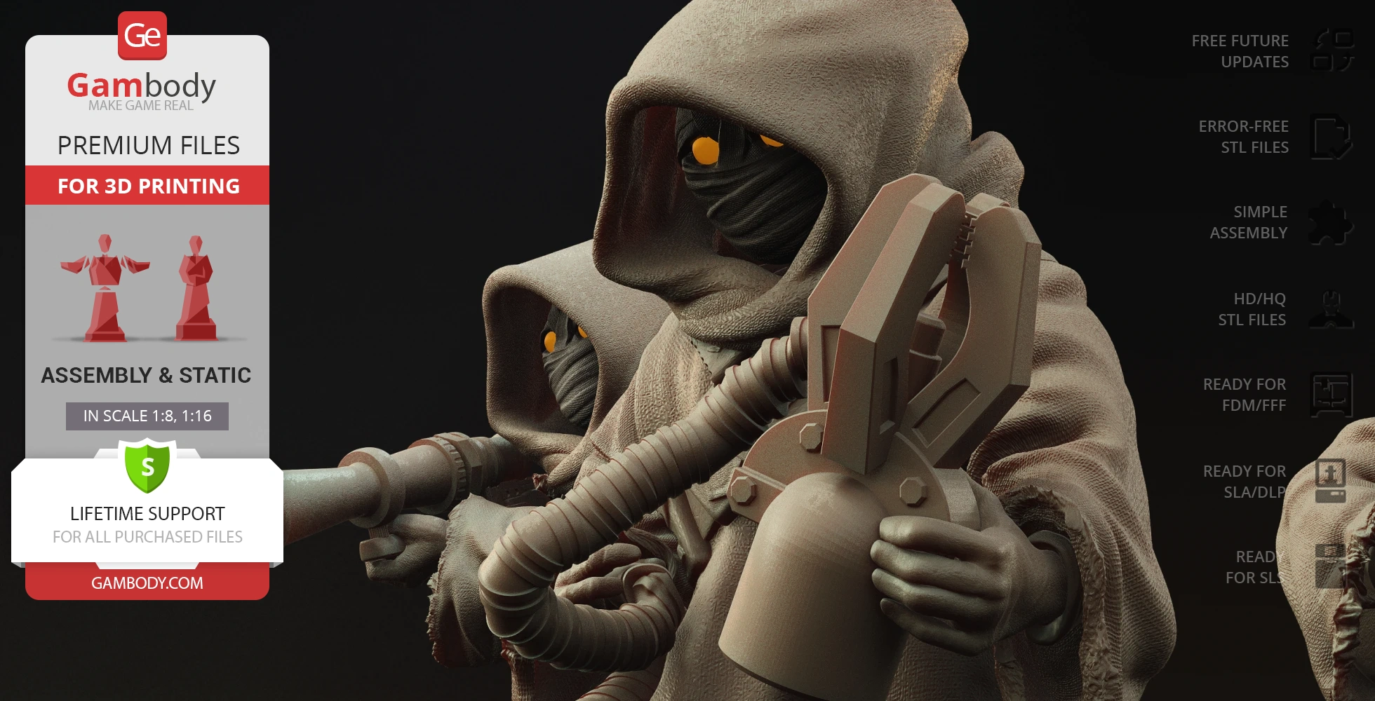 Hooded figures with glowing eyes hold technology, set for 3D printing.