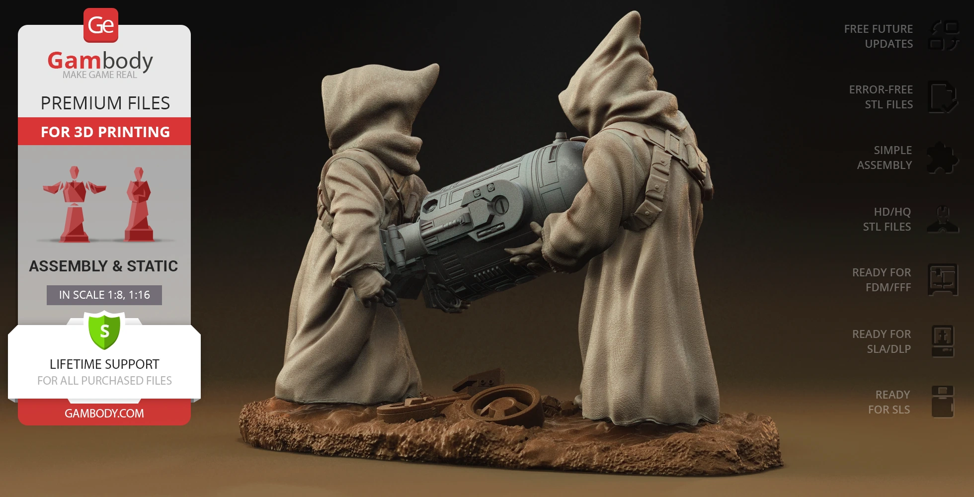 Two hooded figures hold a large, detailed sci-fi object, standing on a textured base.