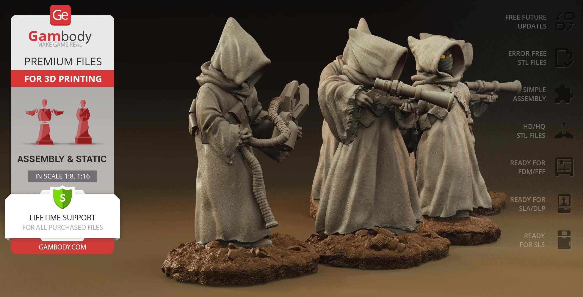 Three robed figures with hoods and glowing eyes, holding sci-fi weapons on a desert-like base.