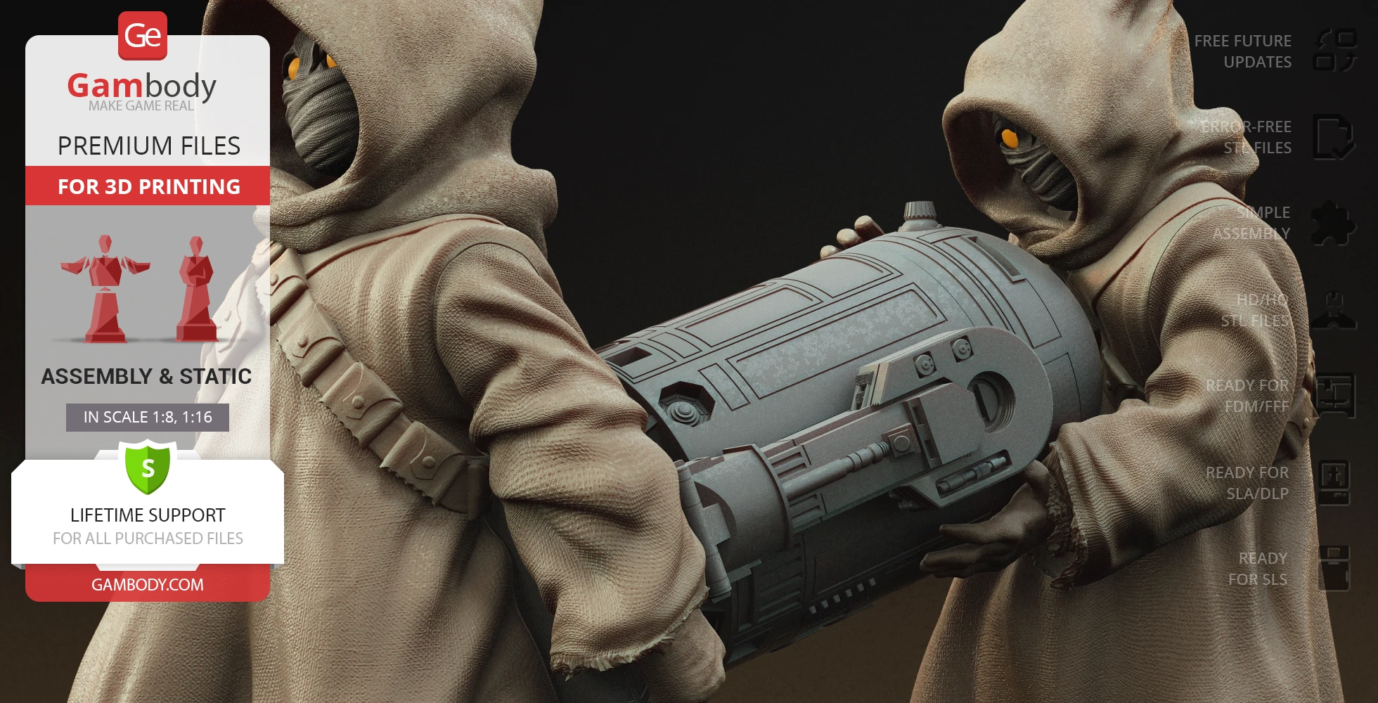 Two hooded figures holding a complex sci-fi device, ready for 3D printing.