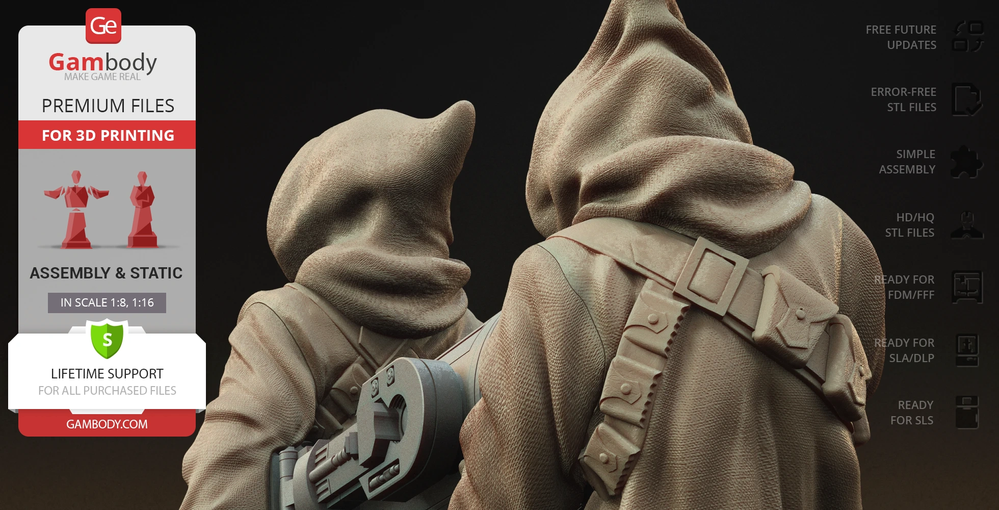 Two hooded figures in textured cloaks, holding equipment. Includes 3D printing details for assembly.