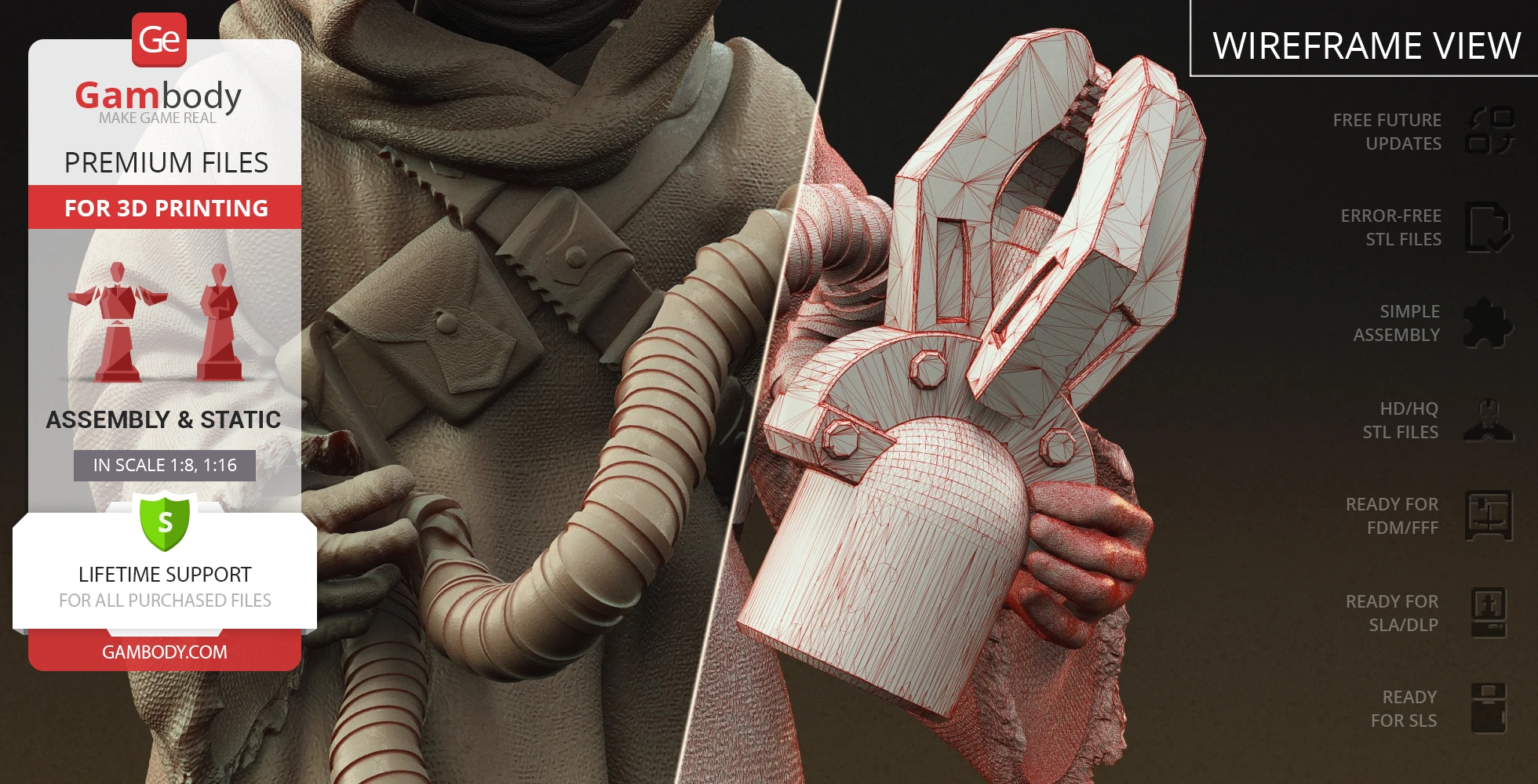 Realistic Jawa model for 3D printing, shown in detailed and wireframe views.