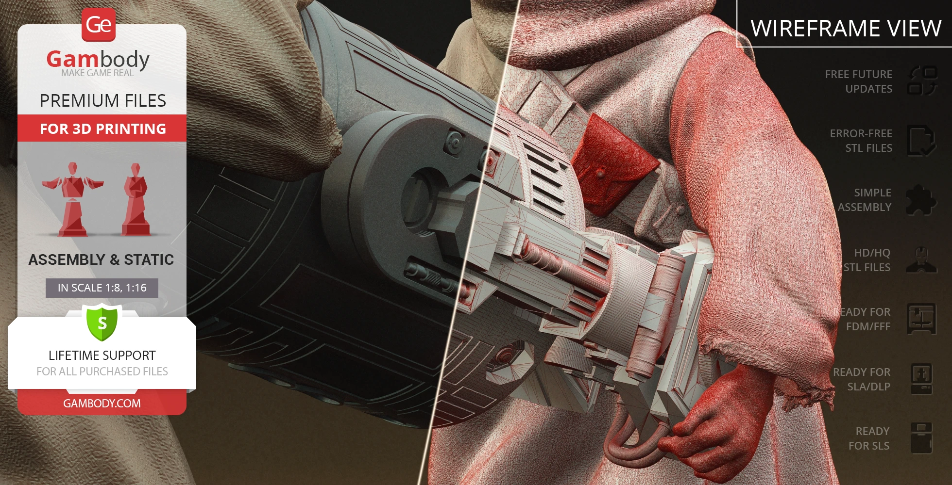 A detailed 3D model of a robed figure holding a futuristic weapon, shown in color and wireframe view.