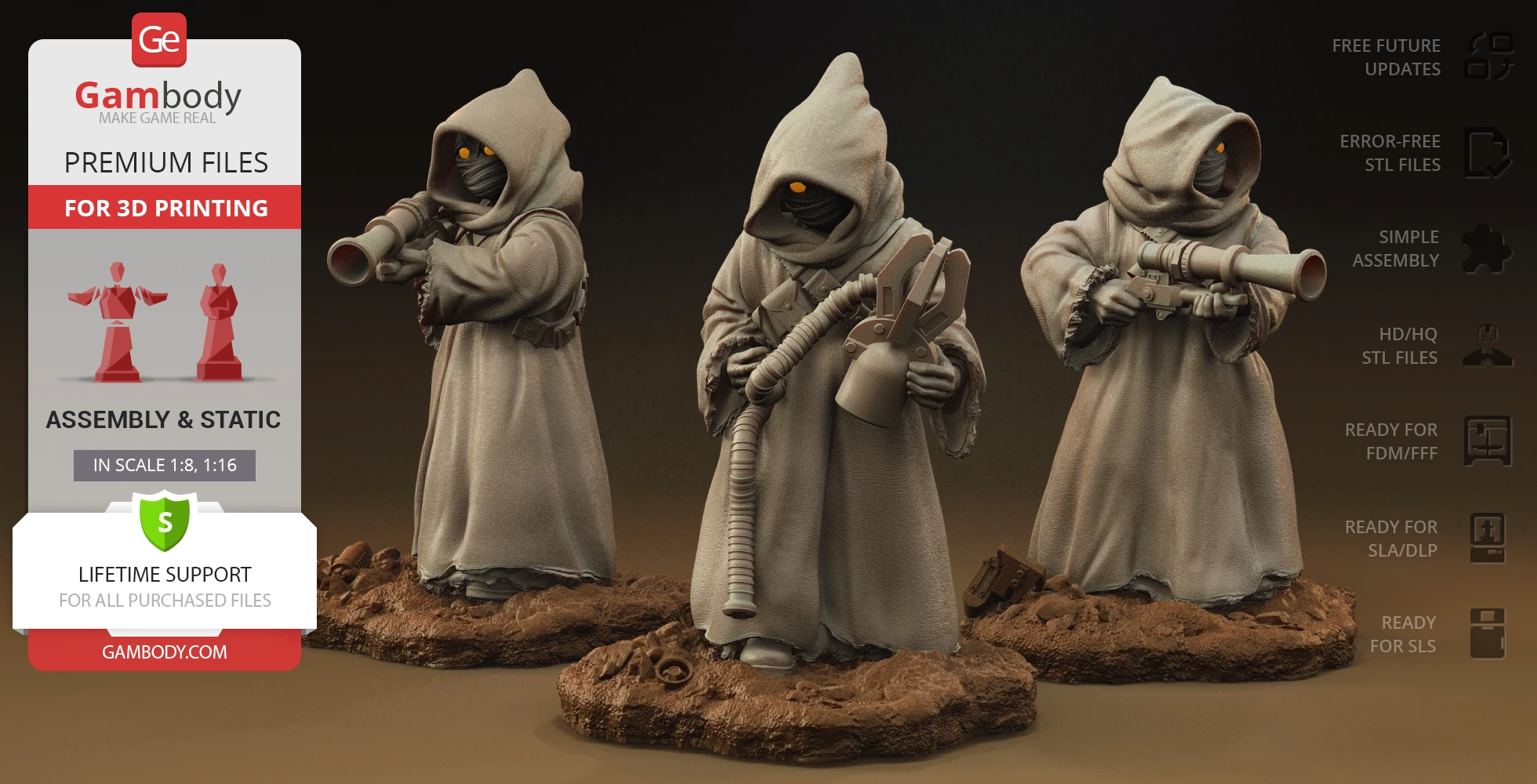 Three hooded Jawa figures holding sci-fi gadgets, ready for 3D printing.