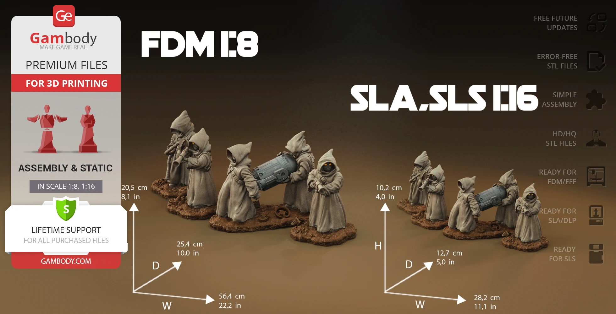 Seven hooded figures carrying objects on rocky bases, ready for 3D printing in scales 1:8 and 1:16.