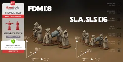 Seven hooded figures carrying objects on rocky bases, ready for 3D printing in scales 1:8 and 1:16.