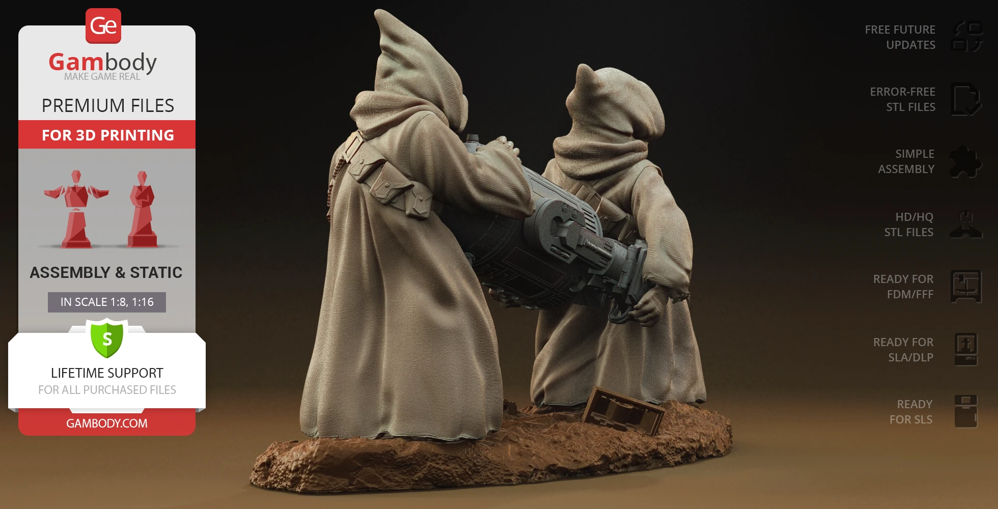 Two robed figures hold a large, detailed device on a sandy base, designed for 3D printing.