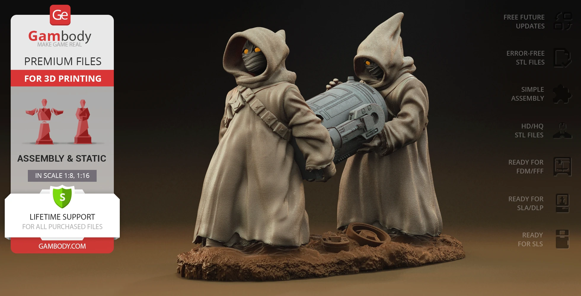Two hooded figures with glowing eyes carrying a large container.