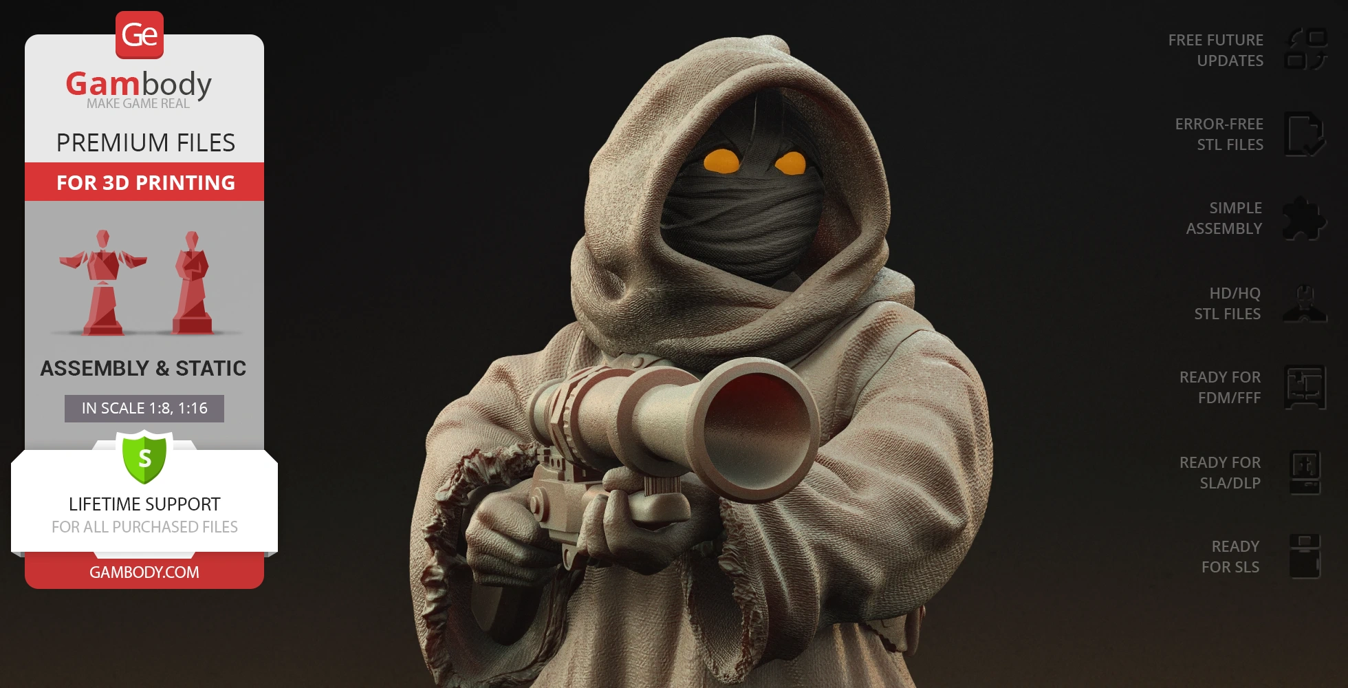 A cloaked figure with glowing eyes holds a sci-fi weapon, ready for 3D printing, by Gambody.