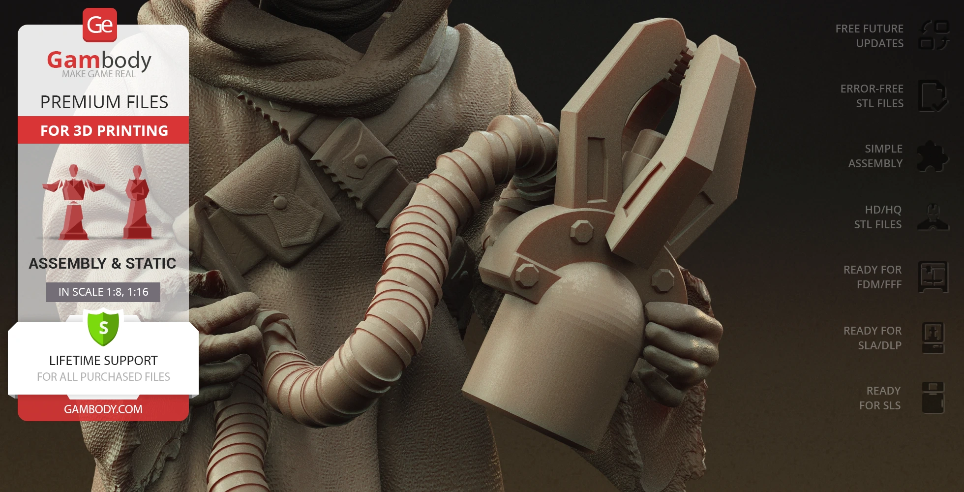 A detailed 3D model of a cloaked figure holding a mechanical device, suitable for 3D printing.