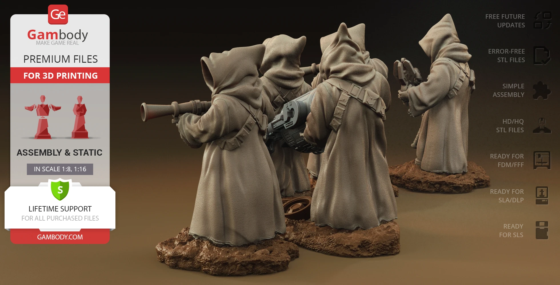 Hooded figures holding tools, in desert environment, ready for 3D printing.