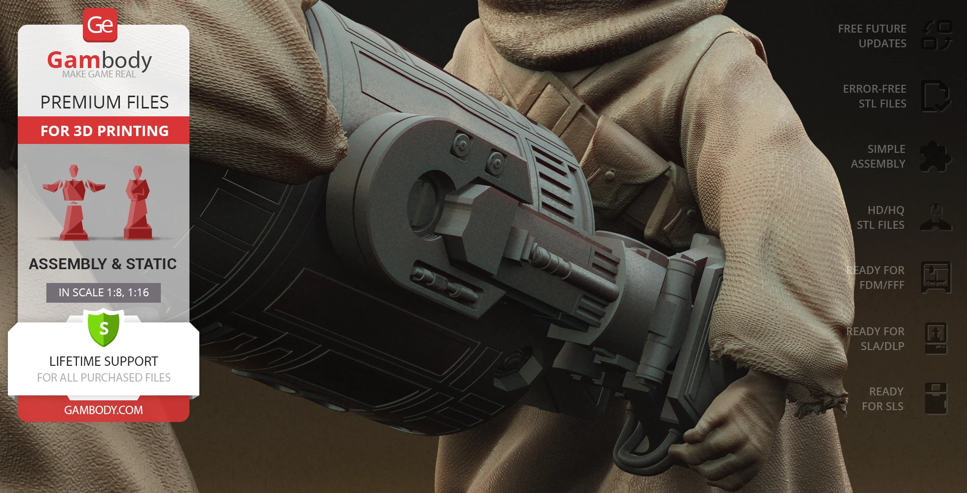 A robed character holding a detailed sci-fi weapon, part of a 3D printing file set for assembly.