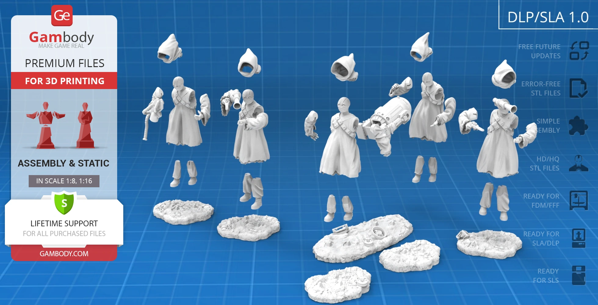 3D printable Jawa models, disassembled into parts, shown on a grid background for assembly.