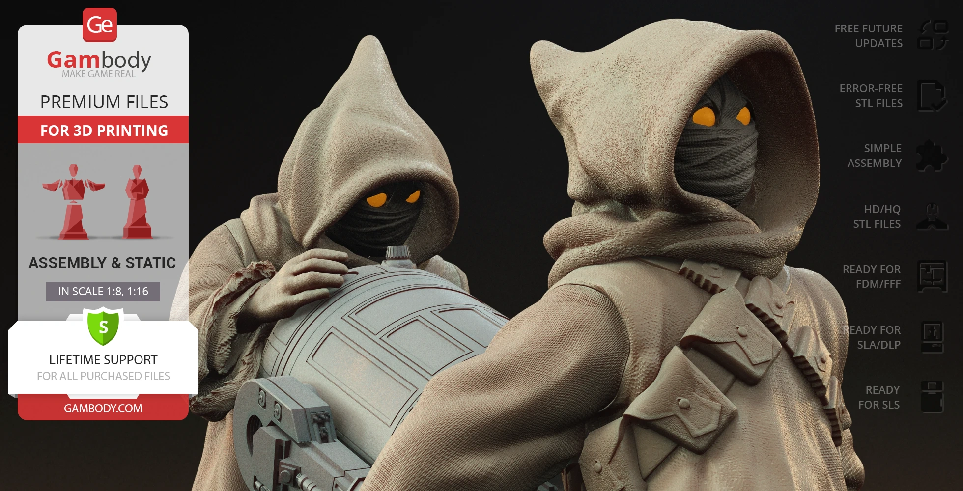 Hooded figures with glowing eyes carrying a droid part, designed for 3D printing from Gambody.