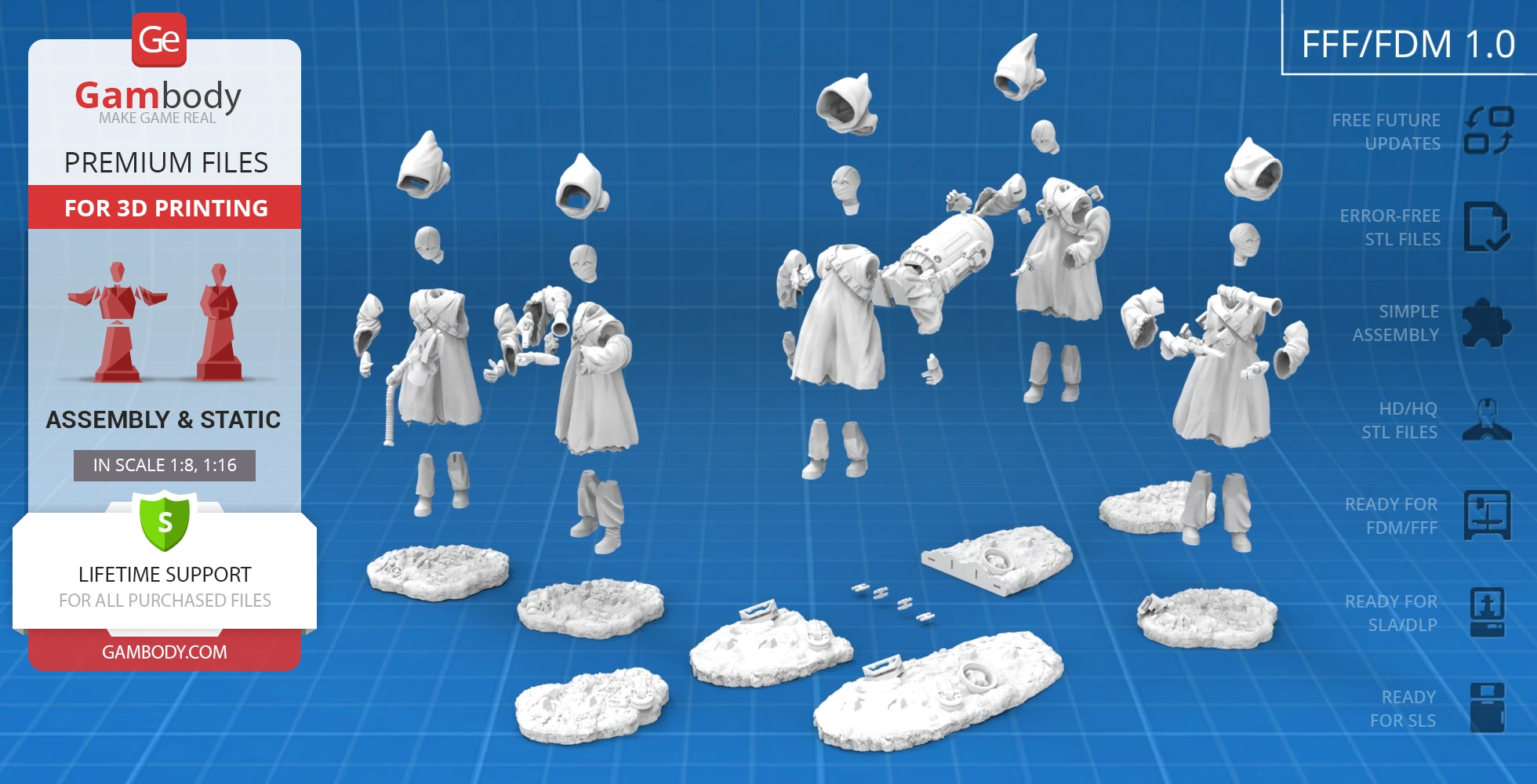 Disassembled Jawa figurines for 3D printing, featuring cloaked characters and base platforms.