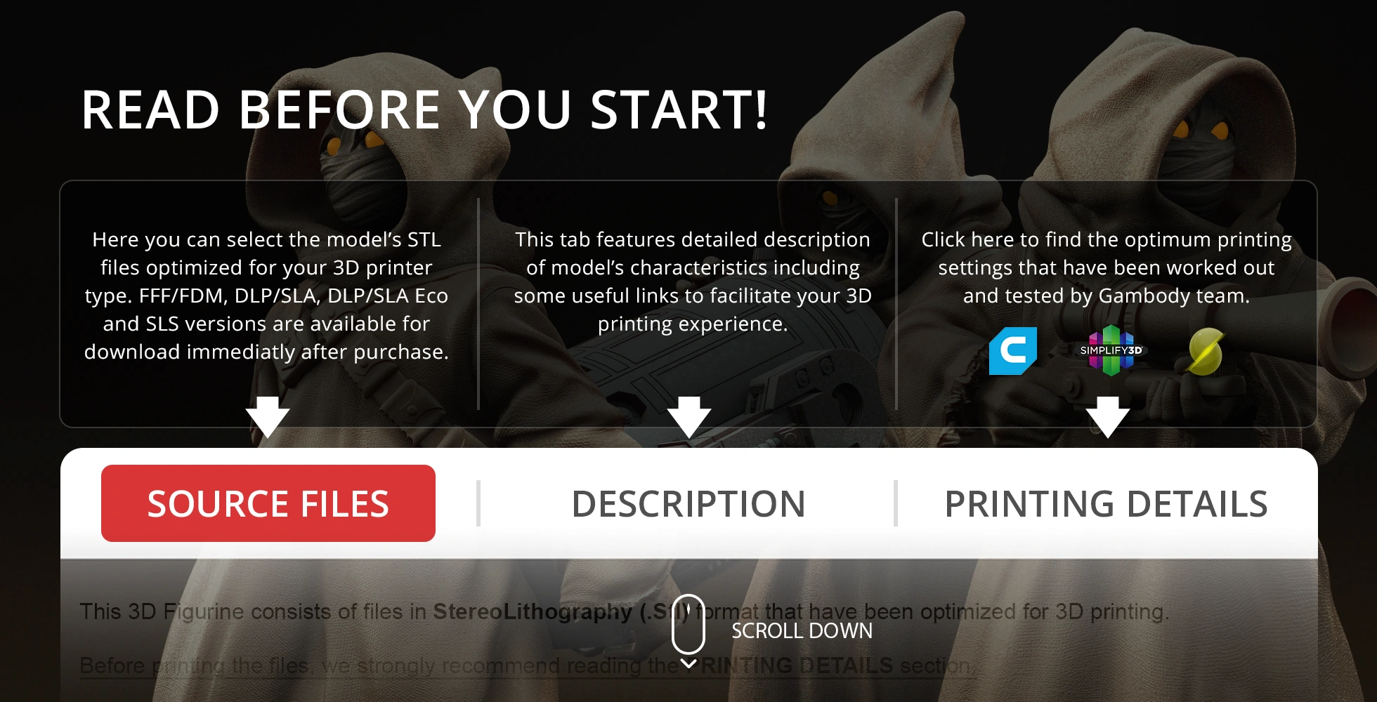 Hooded figures with glowing eyes, text overlays describing 3D printing file options and settings.