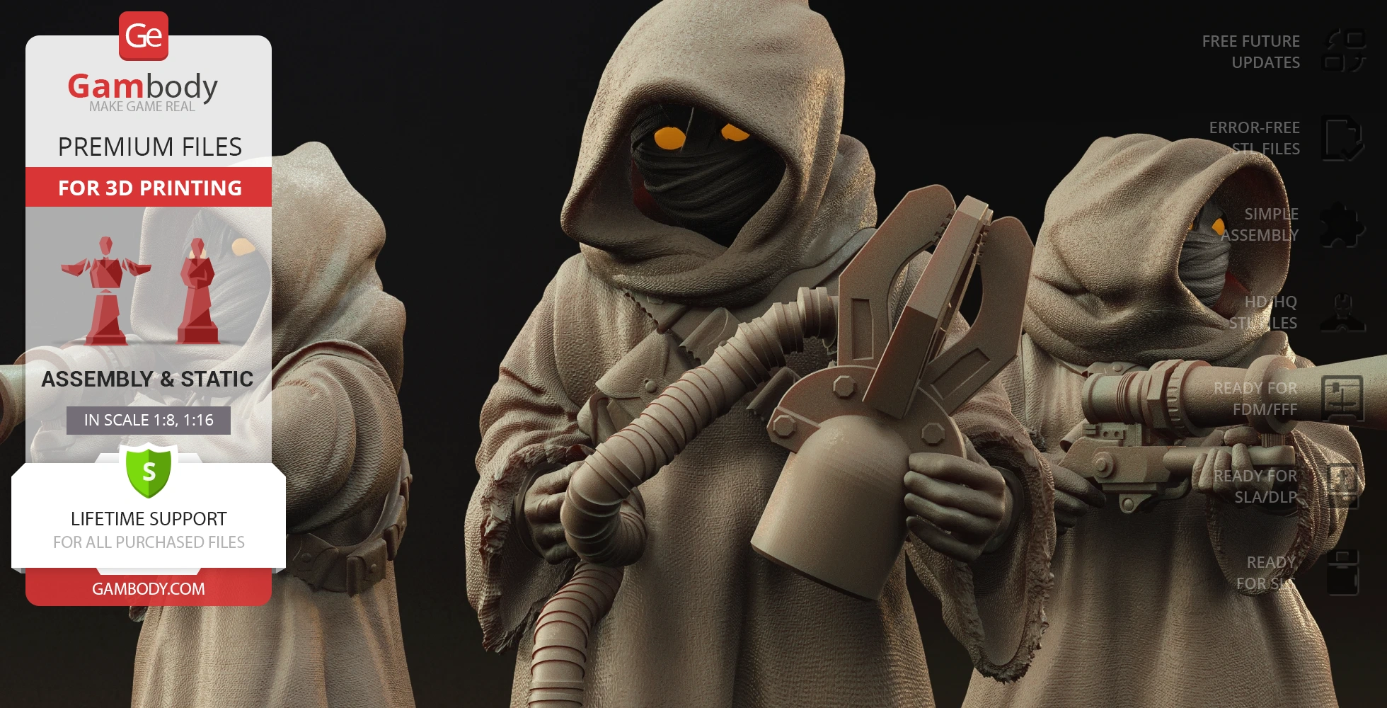Three hooded figures with glowing eyes holding sci-fi tools, ready for 3D printing from Gambody files.