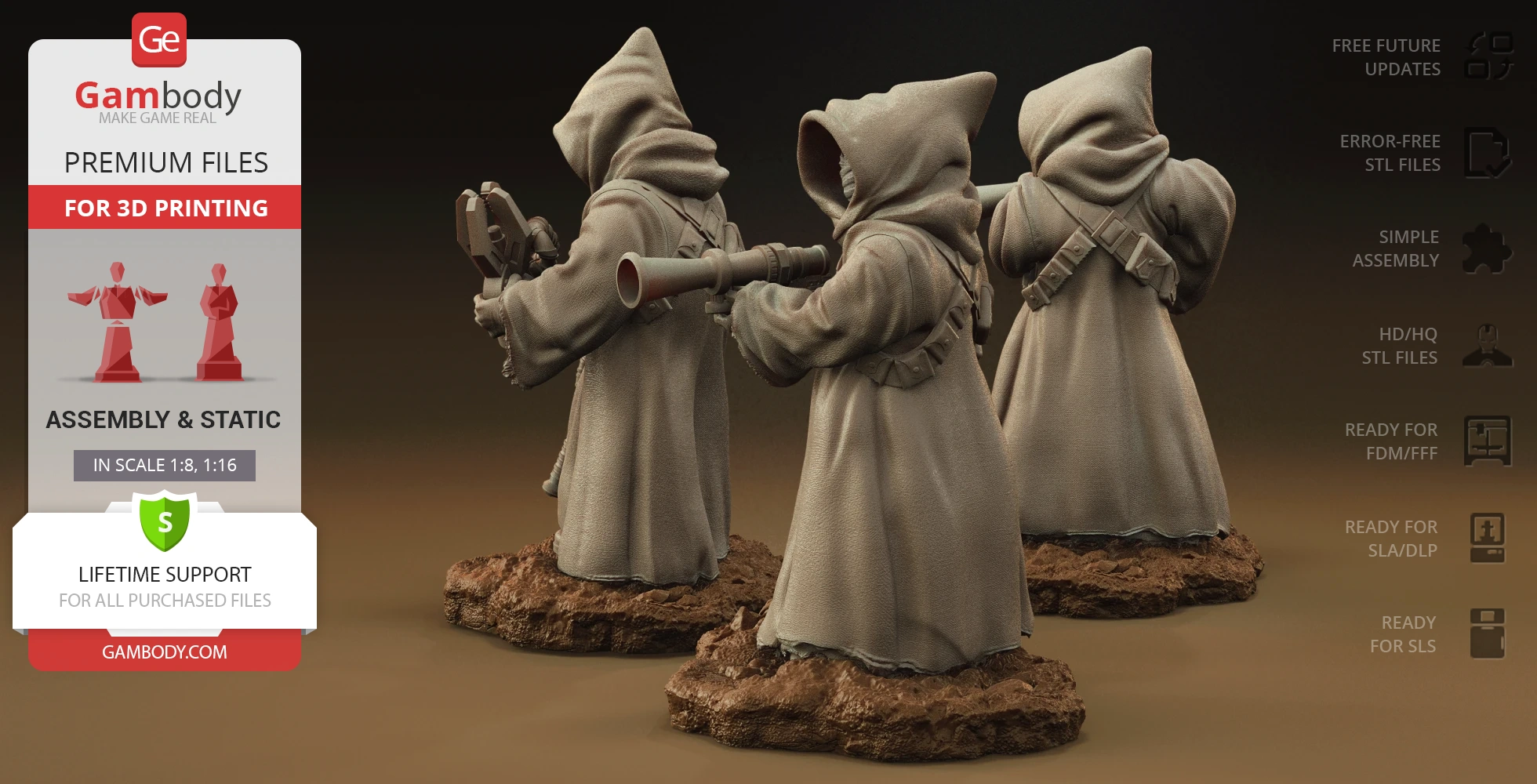 Hooded figures in robes holding salvage tools, standing on rocky terrain, ready for 3D printing.