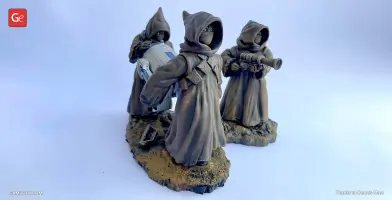 Three hooded figures holding sci-fi equipment, standing on a textured base, in a 3D-printed model.