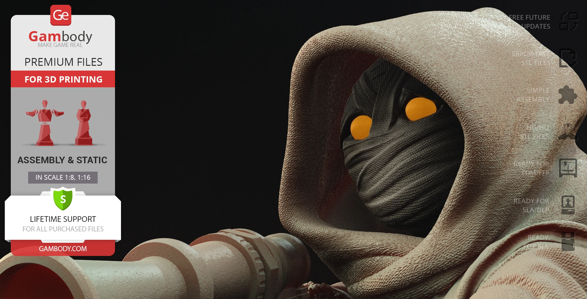 A 3D model of a hooded figure with glowing yellow eyes, designed for 3D printing by Gambody.