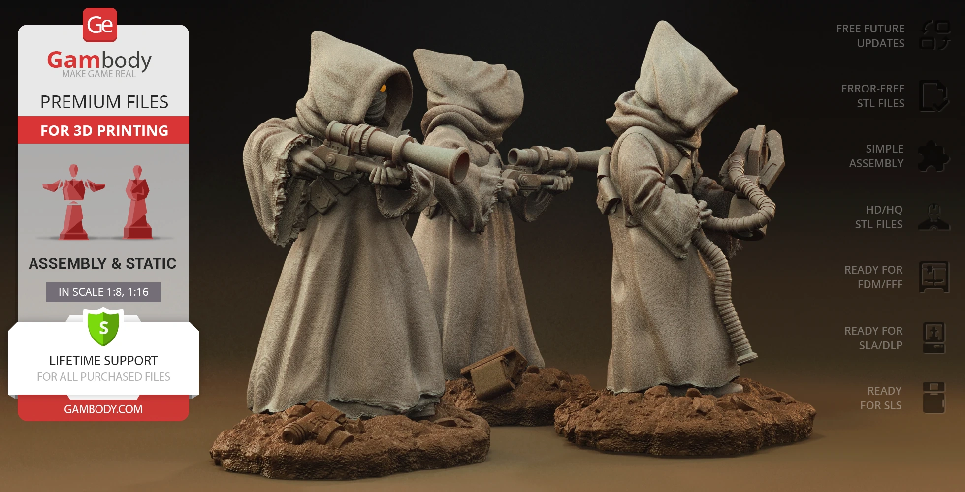 Three robed figures with glowing eyes holding sci-fi weapons on a rocky base, designed for 3D printing.