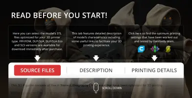 Hooded figures with glowing eyes, text overlays describing 3D printing file options and settings.