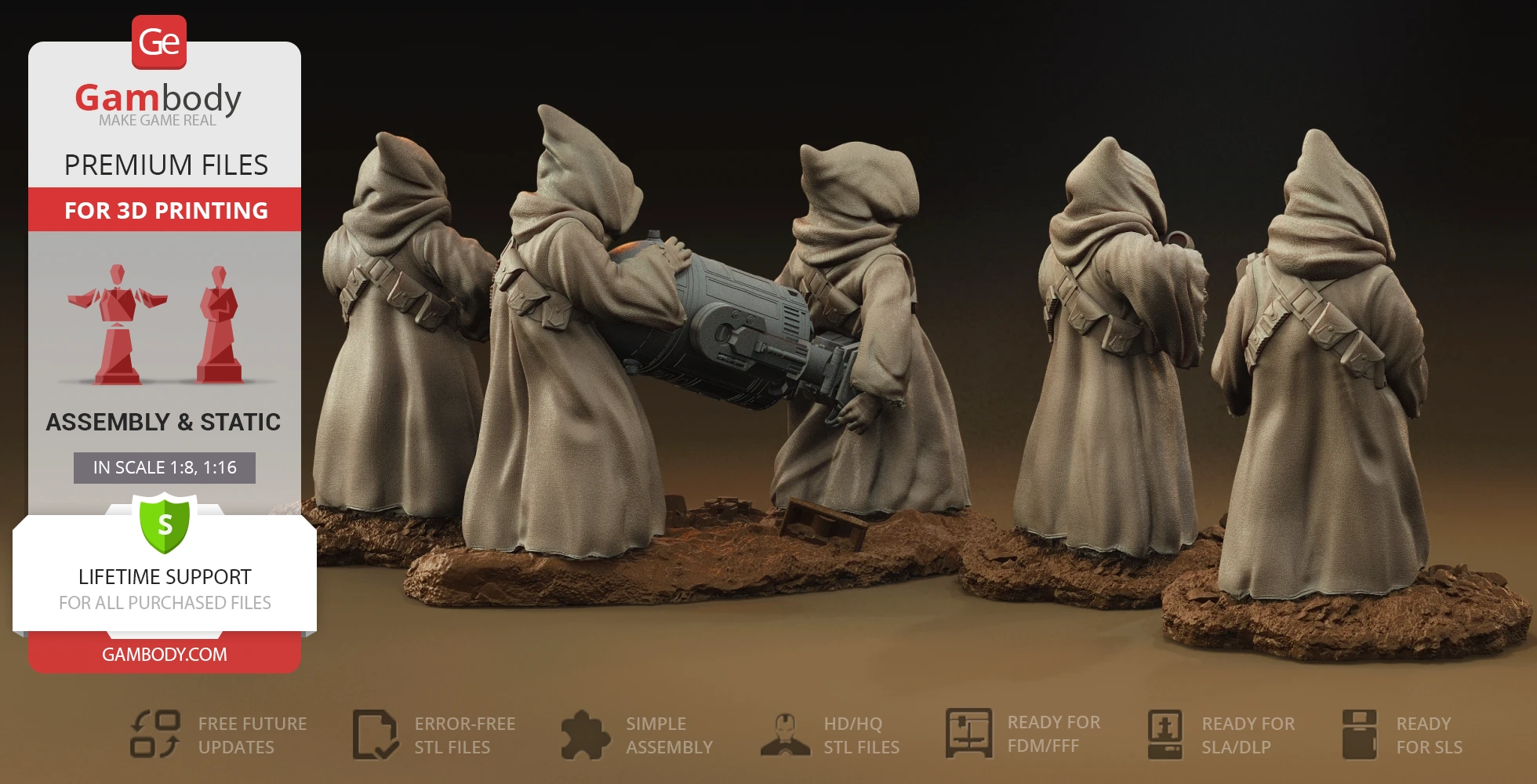Hooded figures in robes, some holding mechanical equipment, on a rocky base for 3D printing.