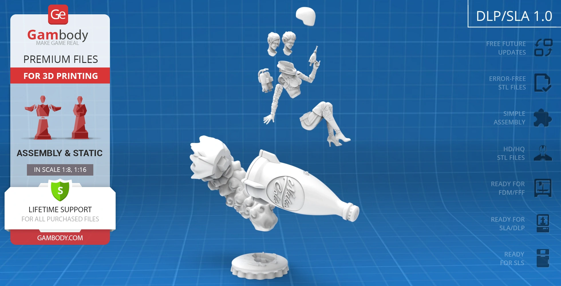Assembled 3D model showing Nuka-Girl on a rocket, segmented into parts for printing.