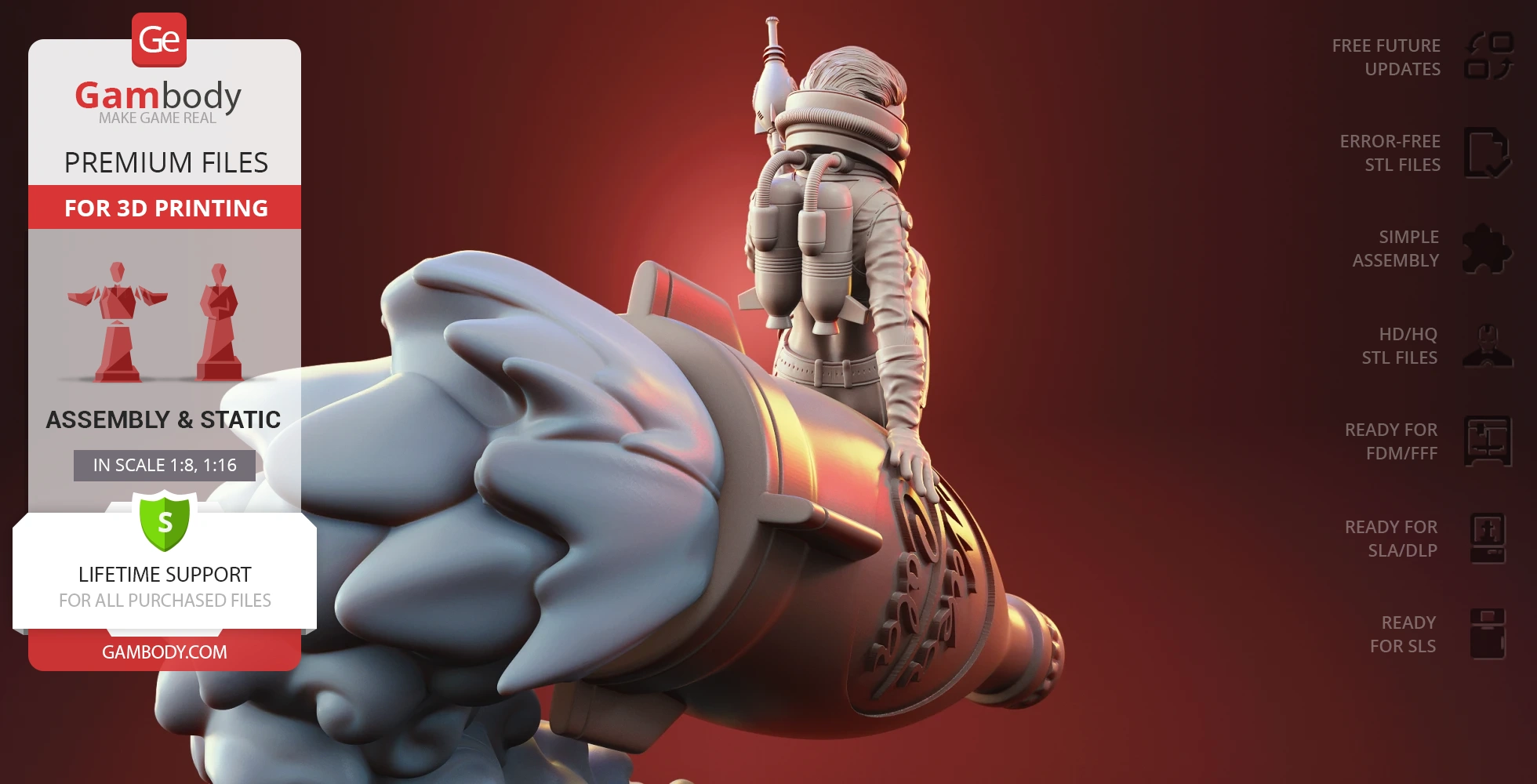 A figure in a spacesuit riding a rocket with 'Nuka-Cola' logo, set against a red background.