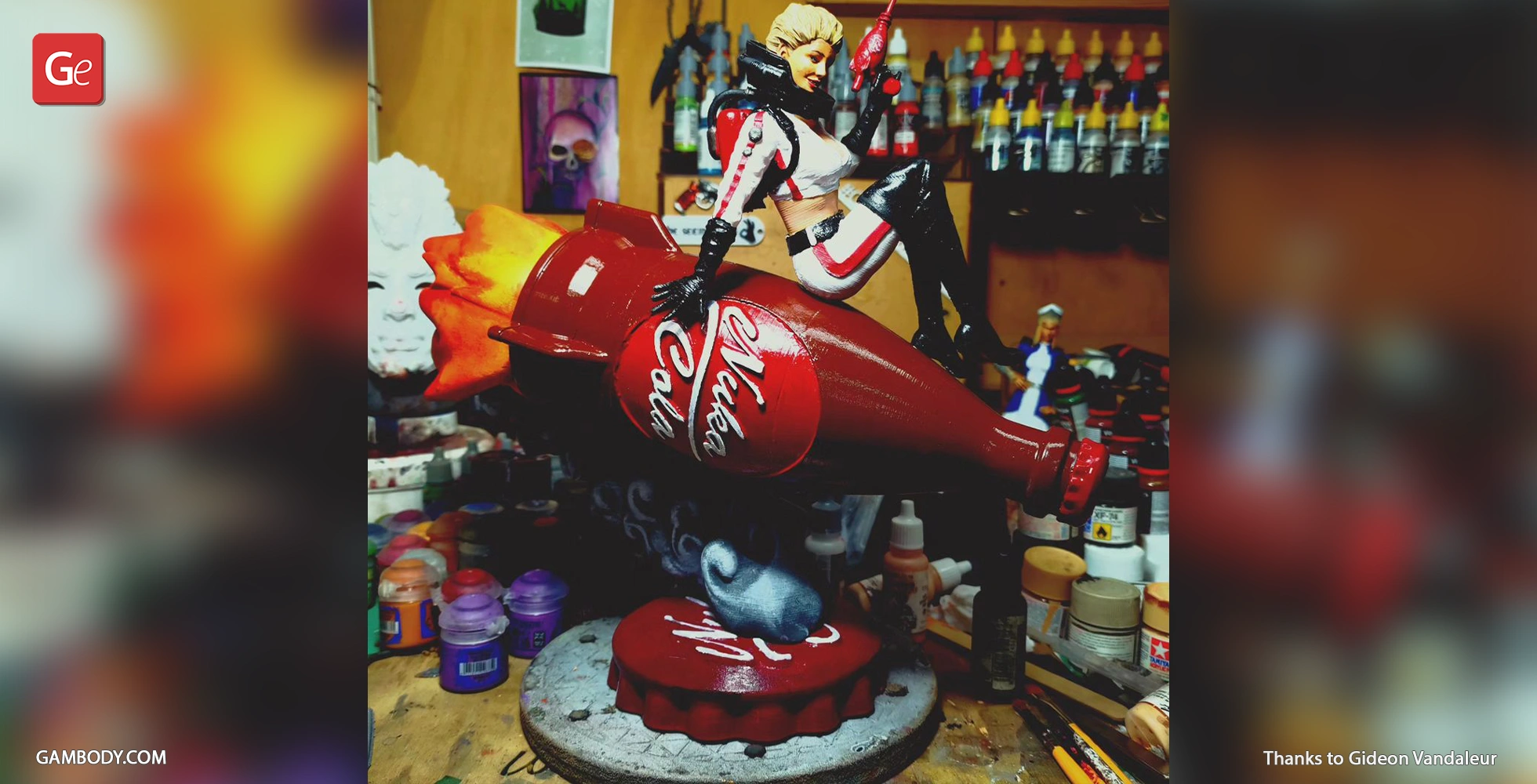 A figurine of a woman in a retro spacesuit sits on a red Nuka Cola rocket with flame details.