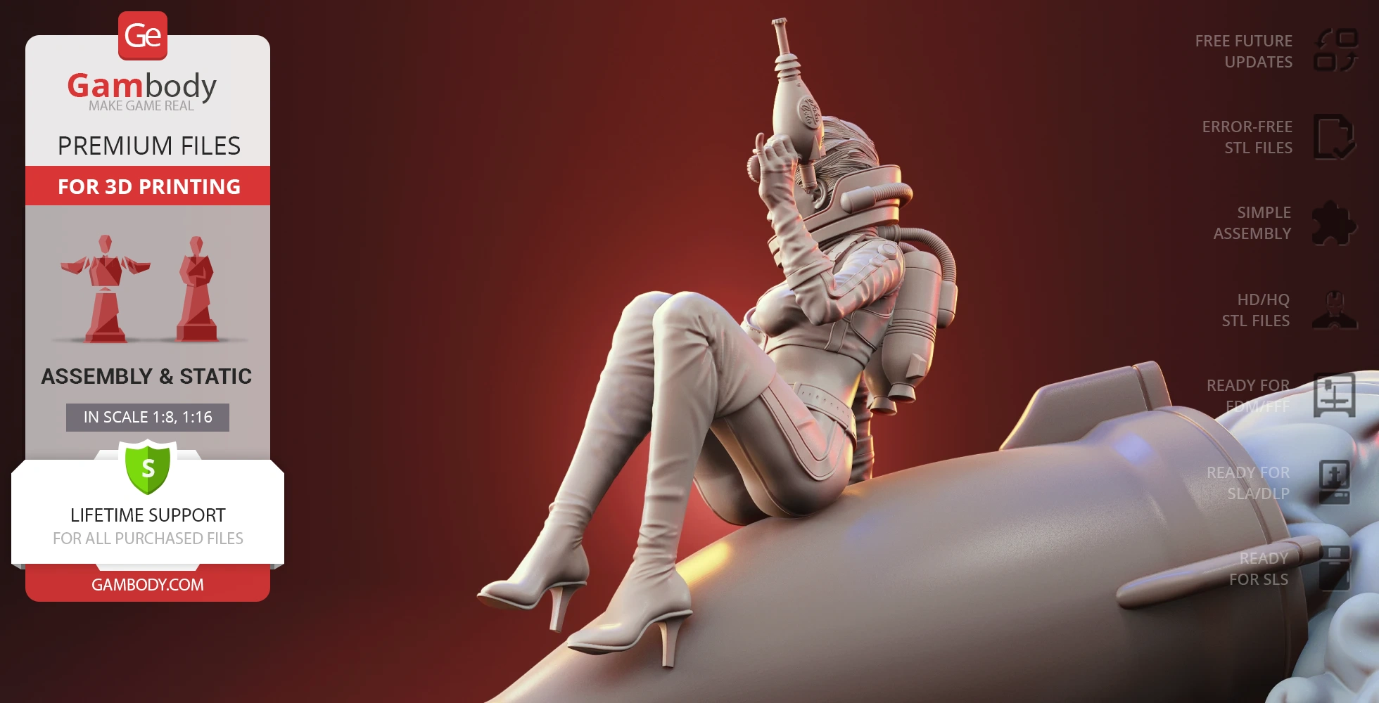 Space-suited woman sitting on a rocket holding a bottle. 3D print model by Gambody.
