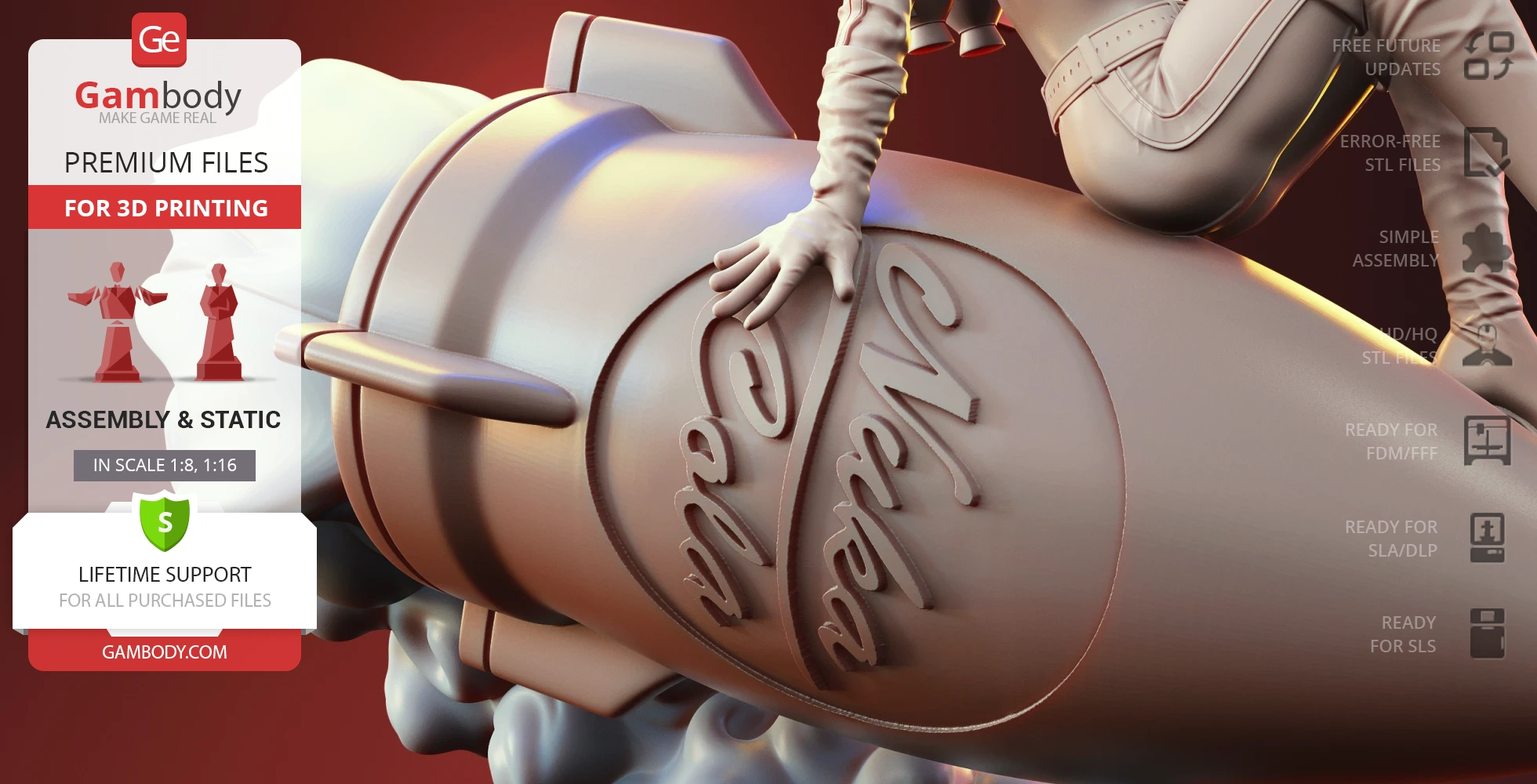 A model of a woman in a spacesuit sitting on a rocket with 'Nuka Cola' branding, for 3D printing.