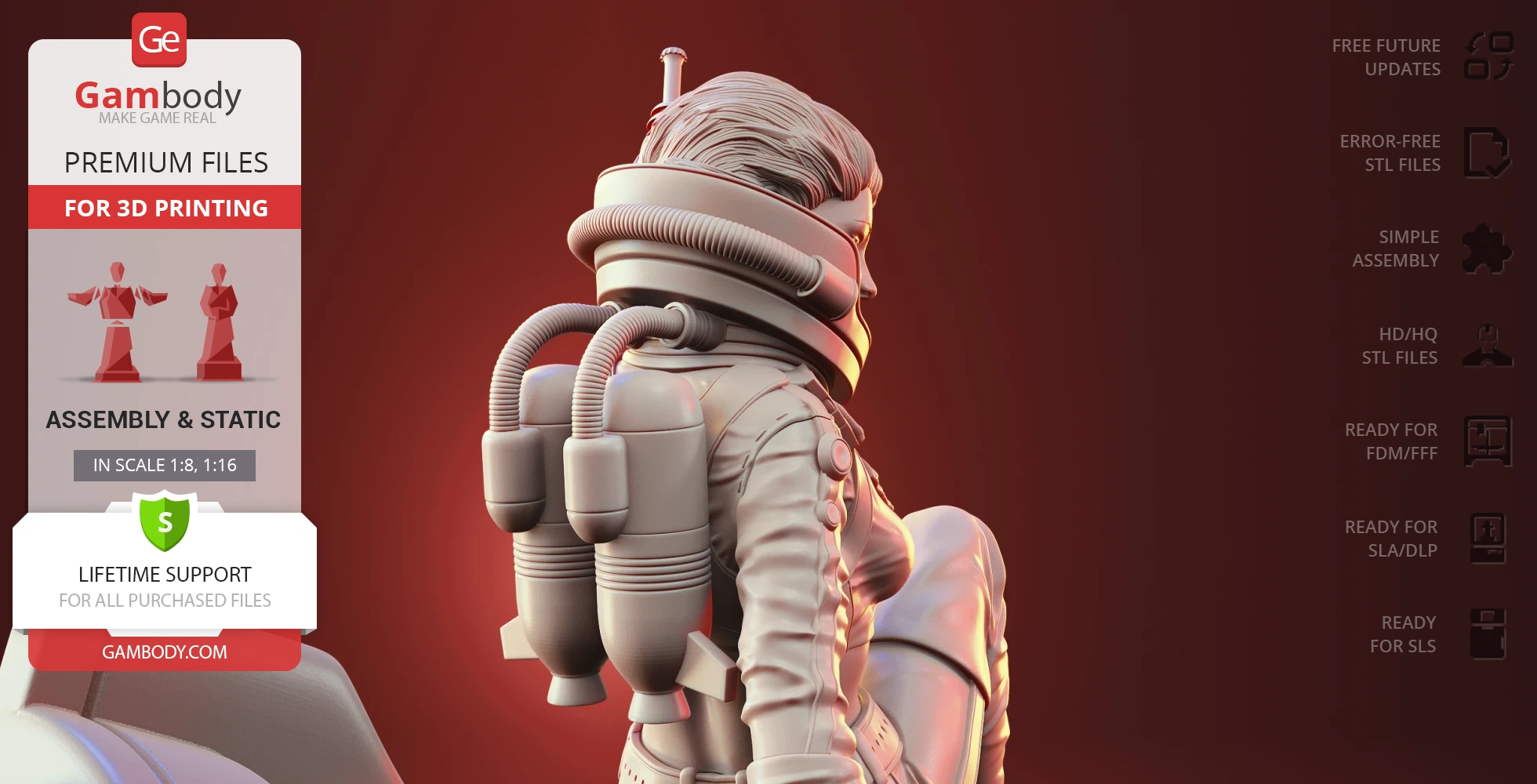 A 3D model of a space-suited figure with a jetpack, ready for 3D printing from Gambody.