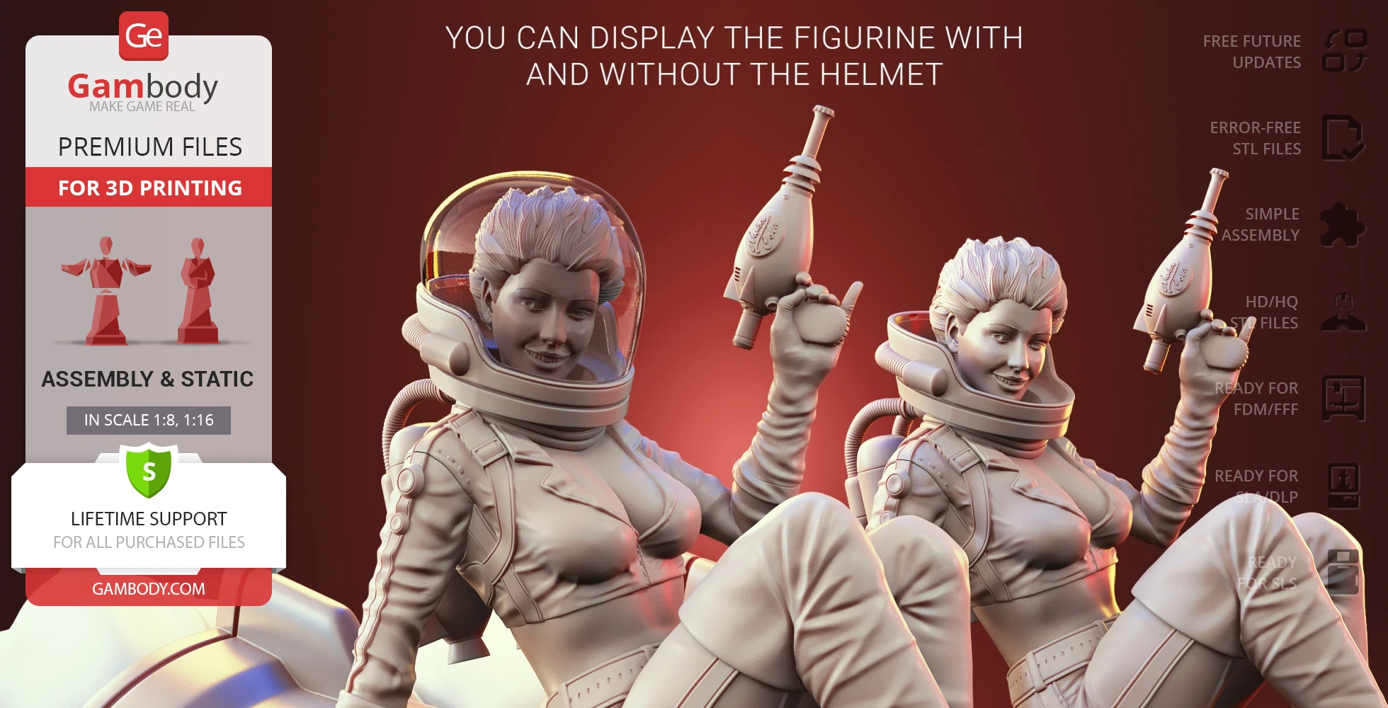 Retro space-themed female figure with and without helmet, holding a ray gun, posed for 3D printing.