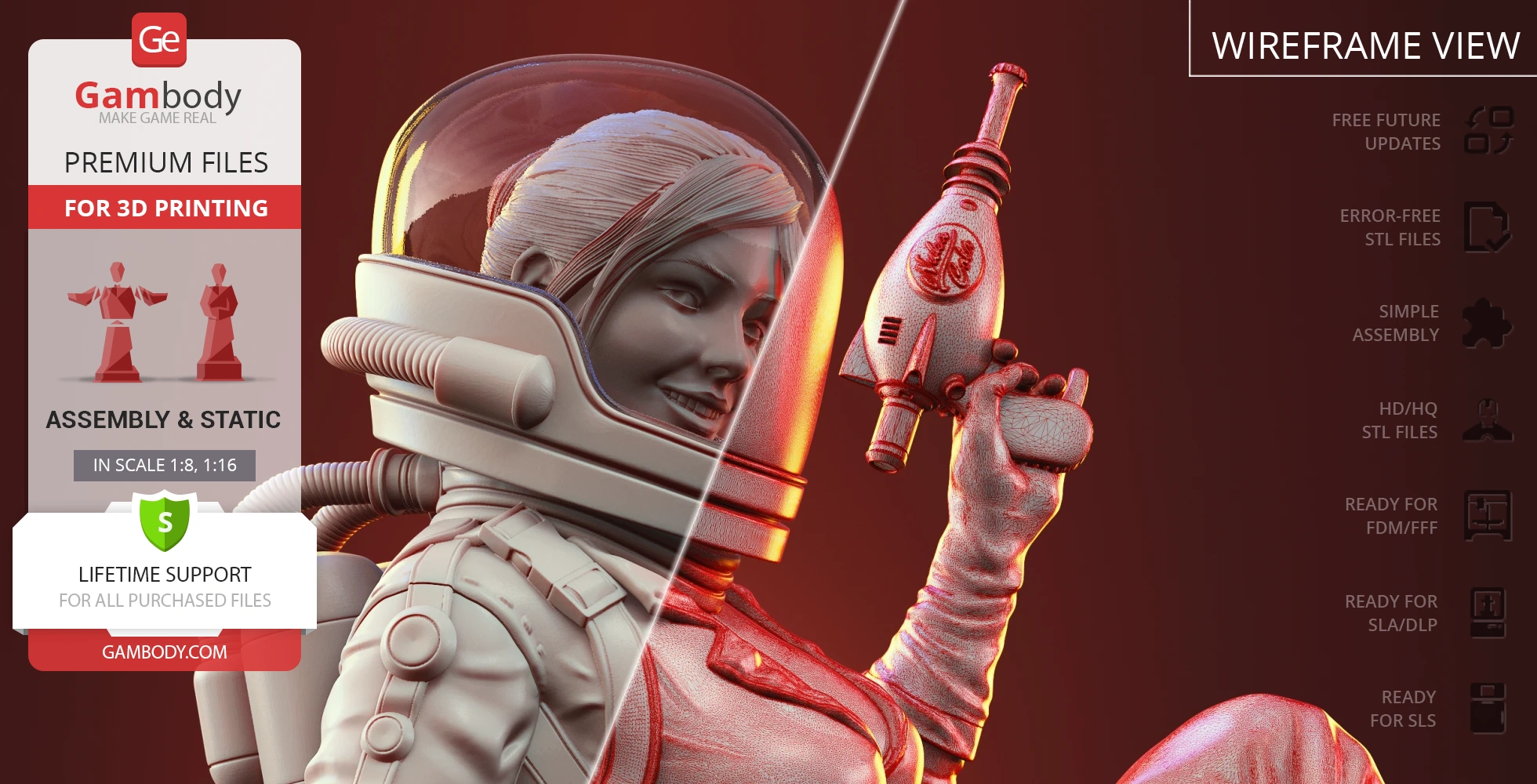 A 3D model of a smiling woman in a spacesuit, holding a ray gun, featured for 3D printing on Gambody.