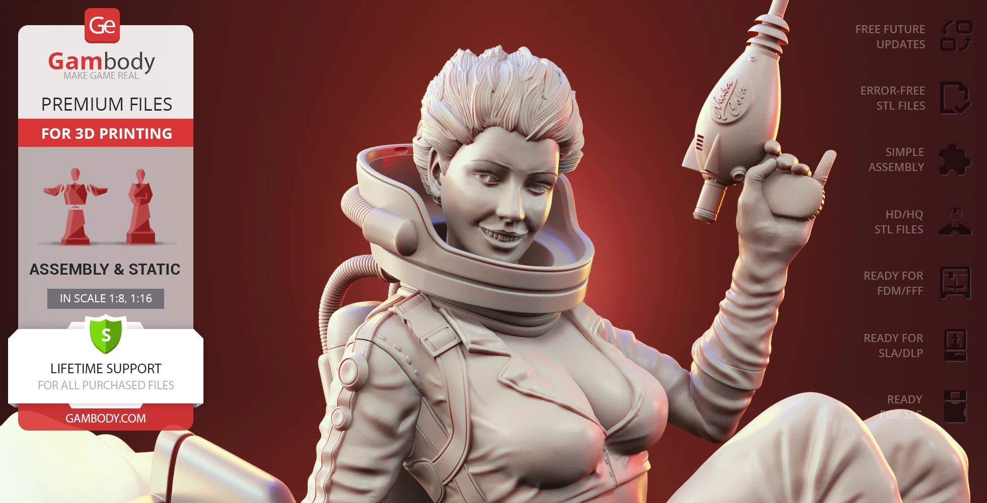 3D model of a smiling woman in a space suit, holding a ray gun, with detailed features.