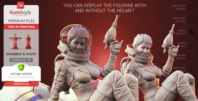 Retro space-themed female figure with and without helmet, holding a ray gun, posed for 3D printing.