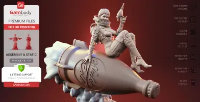 A 3D model of a woman in a spacesuit riding a Nuka-Cola rocket, holding a ray gun.