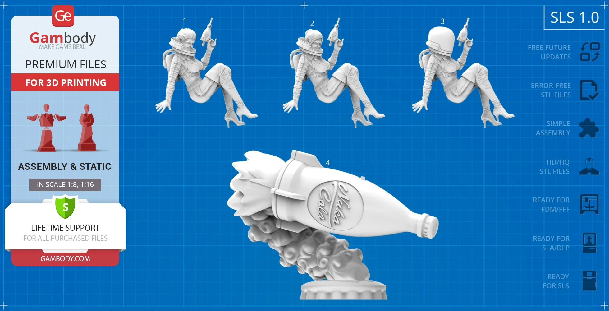Futuristic woman in space gear with ray gun, seated on a Nuka Cola rocket, ready for 3D printing.