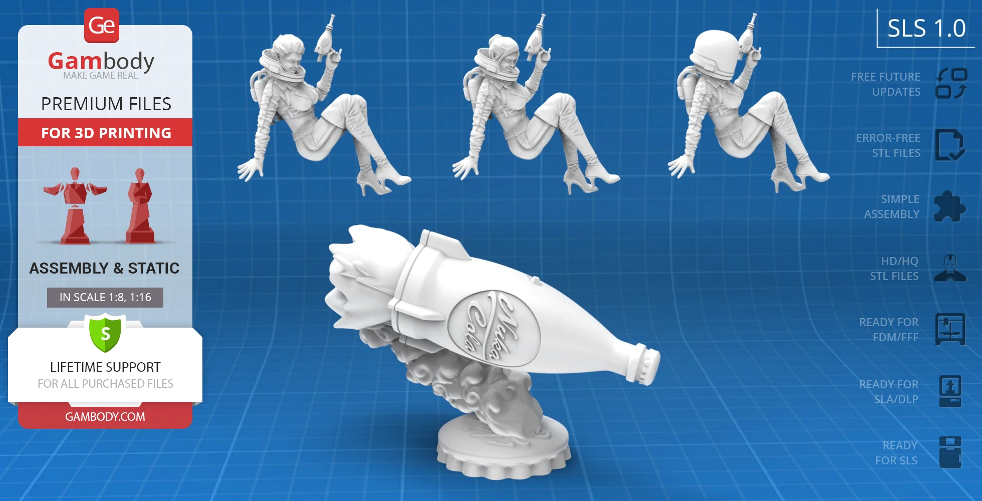 A retro spacewoman with a helmet and ray gun floats near a large rocket-shaped bottle labeled 'Nuka-Cola.'